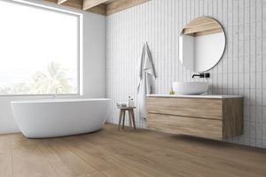The Cashmere Oak Long & Wide Laminate Flooring - 12mm features AC5 wear rating, waterproof, 30-year guarantee, authentic wood look, underfloor heating compatible, easy installation.