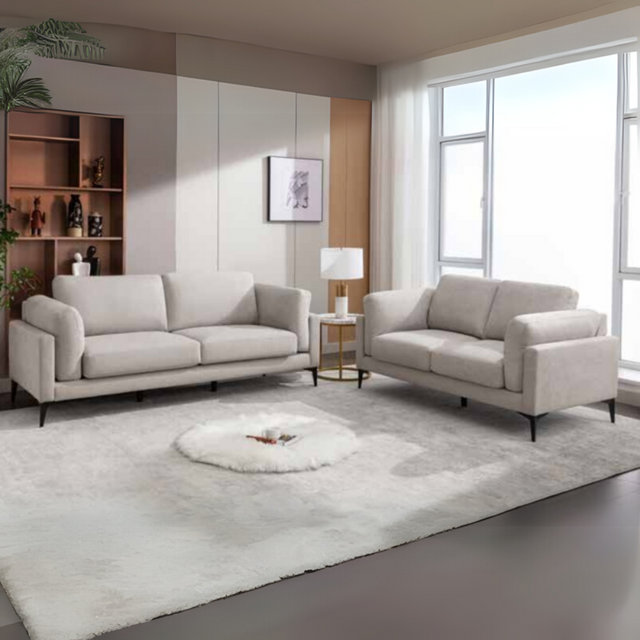 The Newport 3+2 Sofa Set in Light Grey features soft-touch fabric, padded headrests, armrests with 2 and 3 seater set