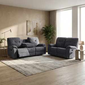 Dark grey 3+2 recliner sofa set in a modern living room with large windows and decor.