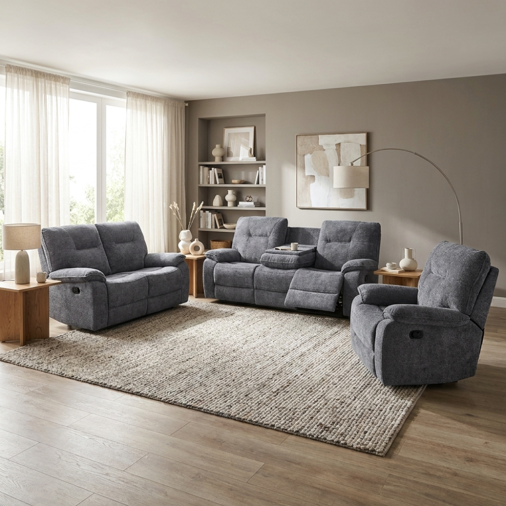 Dark grey 3+2+1 recliner sofa set in a modern living room with decor elements.