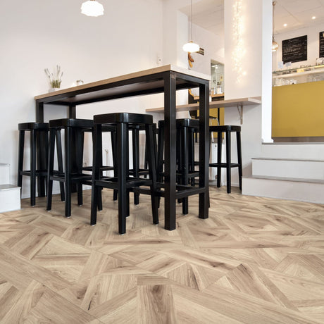 Nina Oak Laminate Flooring 8mm with AC5 durability, impact resistant, suitable for underfloor heating Aqua Pro water resistance and natural tones.