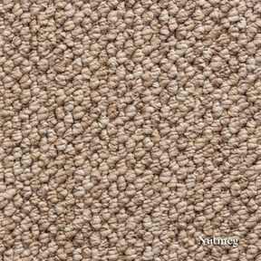 Close-up of beige carpet texture with 'Nutmeg' label