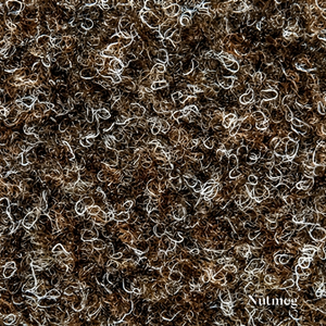 Close-up of textured brown and beige carpet with 'Nutmeg' branding.
