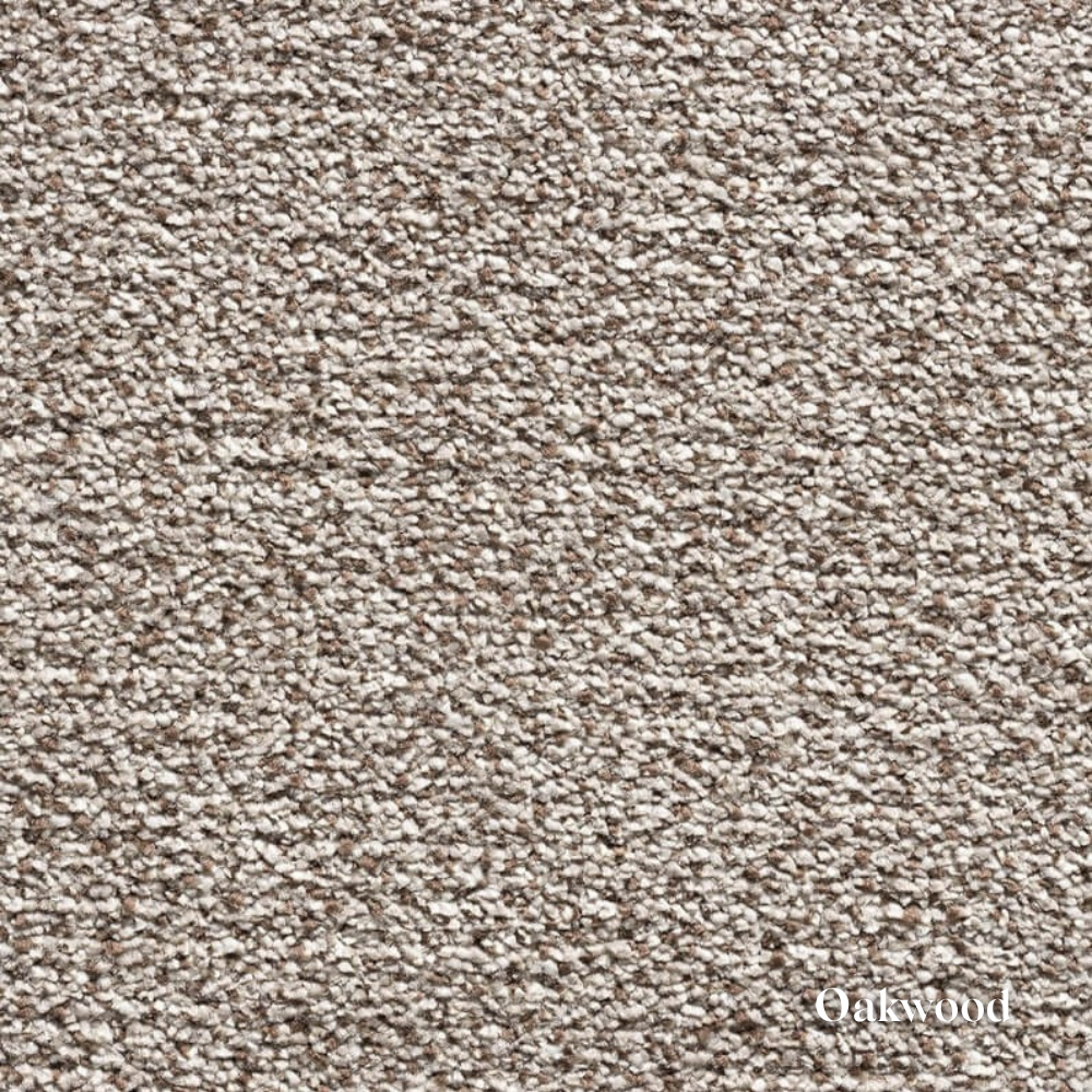 Close-up of textured beige carpet with 'Oakwood' branding.