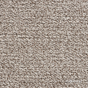 Close-up of textured beige carpet with 'Oakwood' branding.