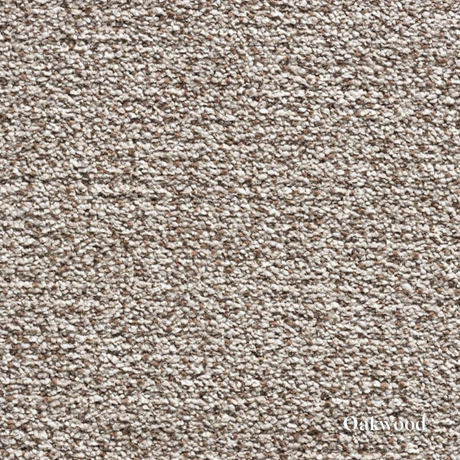 Close-up of textured beige carpet with 'Oakwood' branding.
