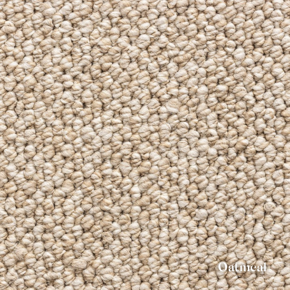Close-up of oatmeal-colored carpet texture