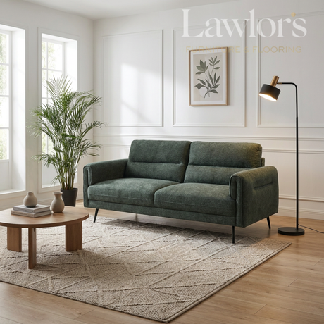 Green 2 seater sofa in a living room