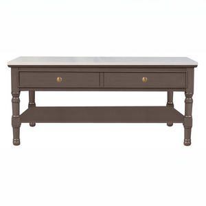 The Olive Brown2 Drawer Coffee Table has 2 drawers, a lower shelf, and a marble top