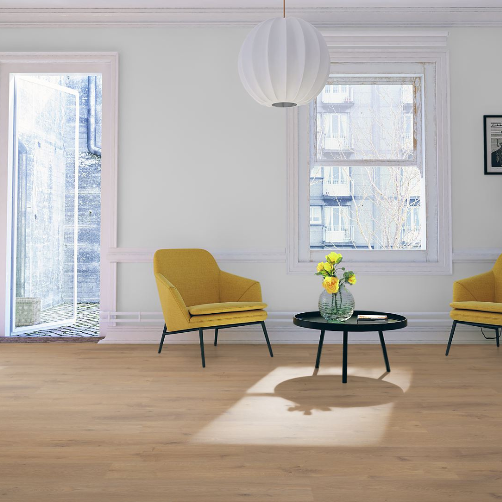 The Oregon Oak Laminate Flooring - 12mm features rich honey tones, AC4 durability, embossed texture, V Groove Bevel and easy DocLoc installation