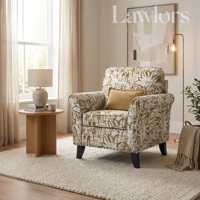 Patterned mustard accent armchair in a living room
