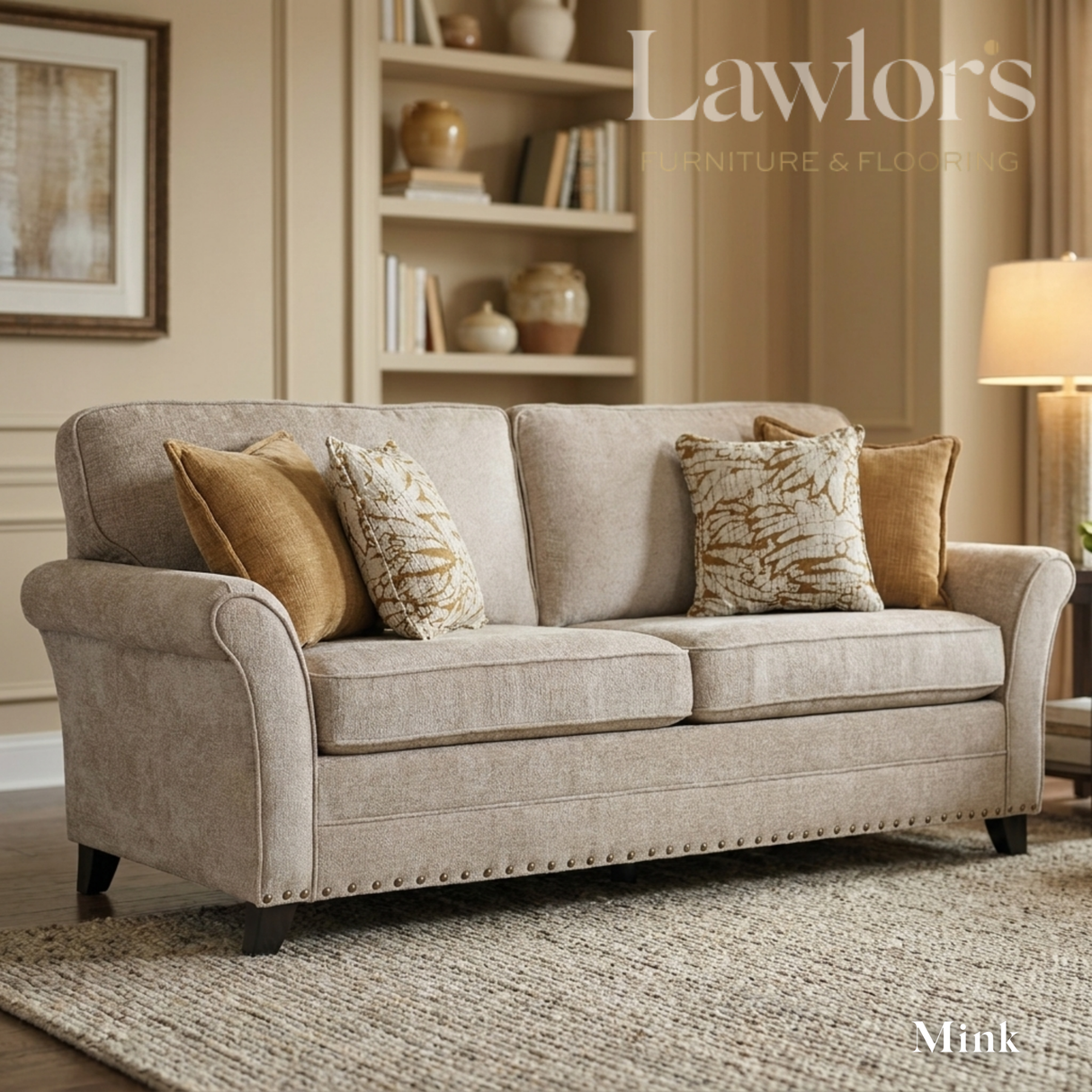 Mink 3 Seater sofa with decorative pillows in a room setting