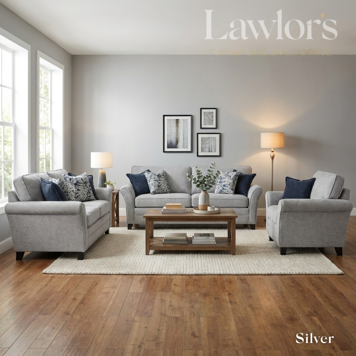 Living room with silver fabric sofa set
