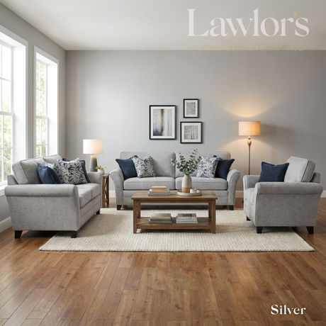 Living room with silver fabric sofa set