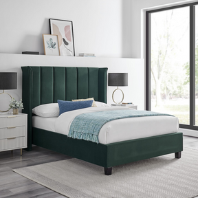 The Palmer Bed in Emerald Green in 4ft6 Double and 5ft King features a 134cm headboard, recycled velvet and winged design, where eco-friendly meets luxury