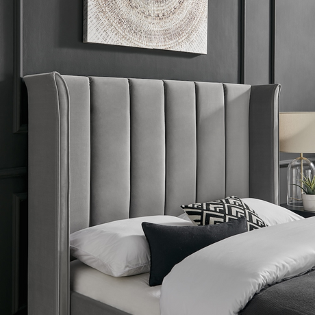 The Palmer Bed in Silver comes in 4ft6 Double and 5ft King featuring a 134cm headboard, recycled velvet and winged design, where eco-friendly meets luxury