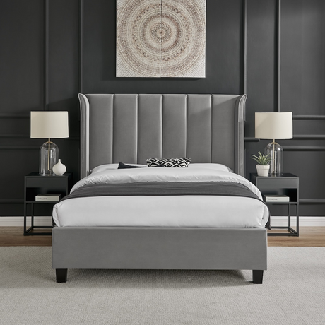 The Palmer Bed in Silver comes in 4ft6 Double and 5ft King featuring a 134cm headboard, recycled velvet and winged design, where eco-friendly meets luxury