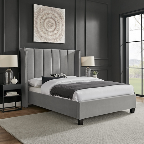 The Palmer Bed in Silver comes in 4ft6 Double and 5ft King featuring a 134cm headboard, recycled velvet and winged design, where eco-friendly meets luxury