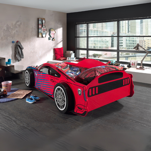 VIPACK Panther Power Car Bed in Red with blue accents features a slatted base and lacquered MDF, a sporty design adds speed and style to any kids room