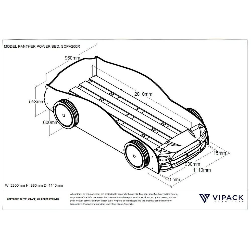 VIPACK Panther Power Car Bed in Red with blue accents features a slatted base and lacquered MDF, a sporty design adds speed and style to any kids room