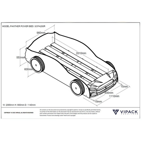 VIPACK Panther Power Car Bed in Red with blue accents features a slatted base and lacquered MDF, a sporty design adds speed and style to any kids room