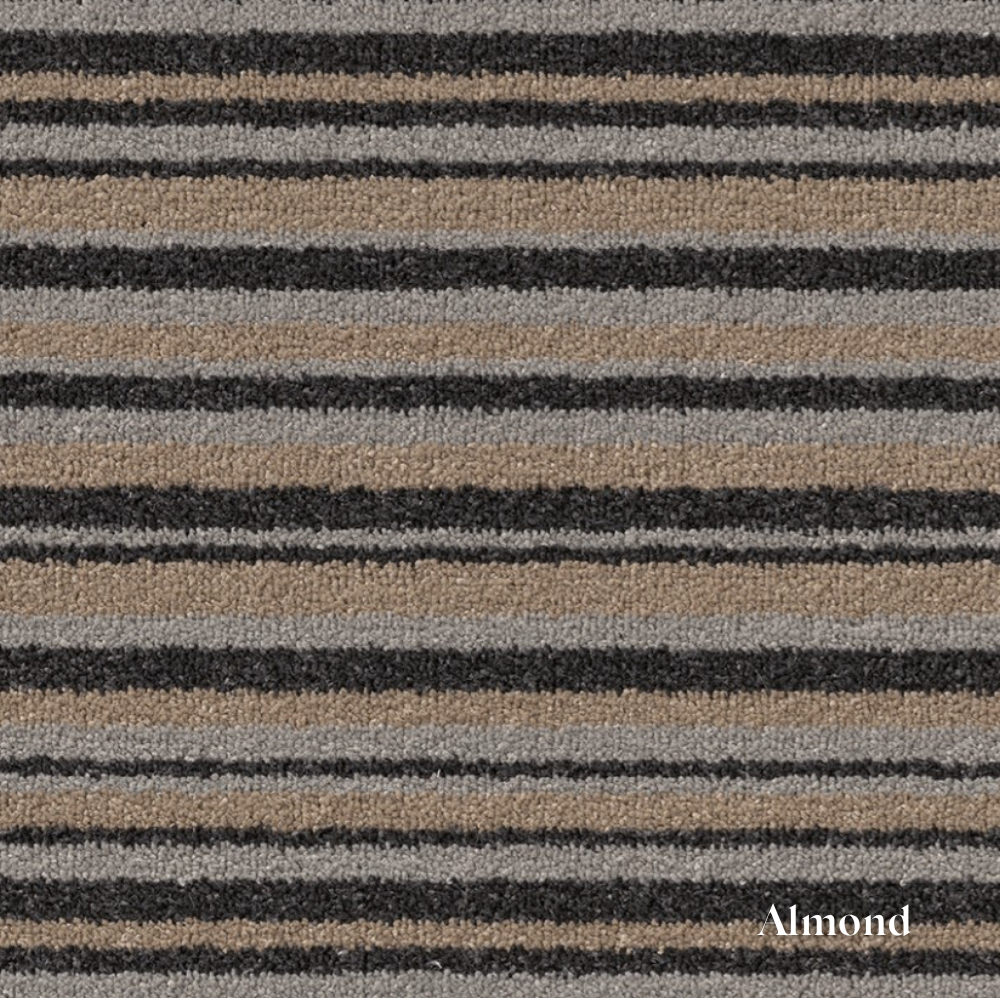 Striped carpet with brown, black, and gray pattern labeled 'Almond'.