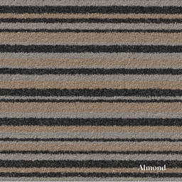 Striped carpet with brown, black, and gray pattern labeled 'Almond'.