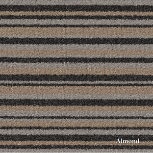 Striped carpet with brown, black, and gray pattern labeled 'Almond'.