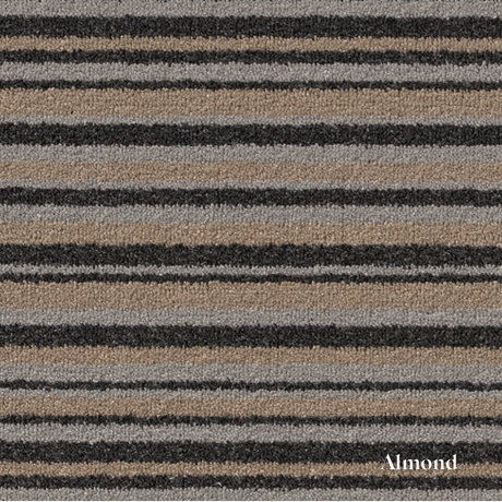 Striped carpet with brown, black, and gray pattern labeled 'Almond'.