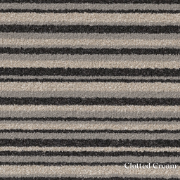 Patterned fabric with black and beige stripes labeled 'Clotted Cream'.