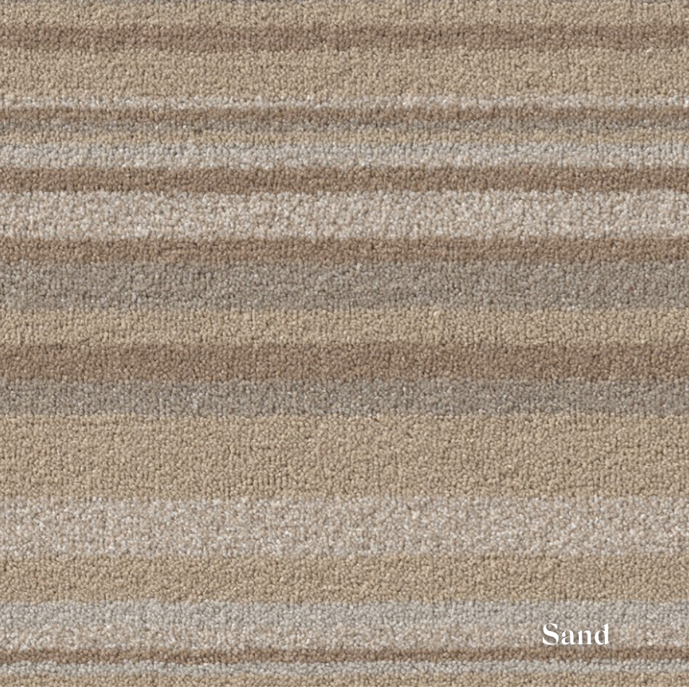 Textured fabric with horizontal stripes in shades of brown and beige, labeled 'Sand'.