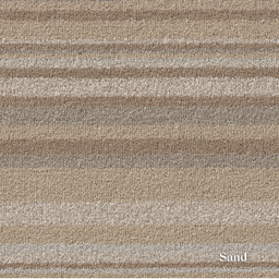 Textured fabric with horizontal stripes in shades of brown and beige, labeled 'Sand'.