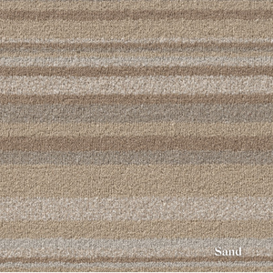 Textured fabric with horizontal stripes in shades of brown and beige, labeled 'Sand'.