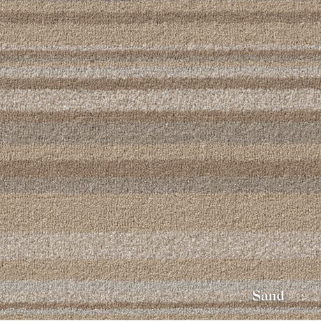 Textured fabric with horizontal stripes in shades of brown and beige, labeled 'Sand'.