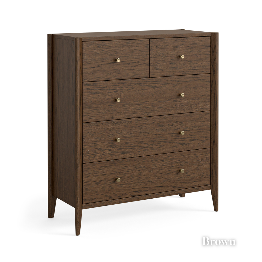 The Paris 2 Over 3 Drawer in Brown or Natural offers a spacious design with elegant brass knobs and smooth drawers that's both stylish and practical