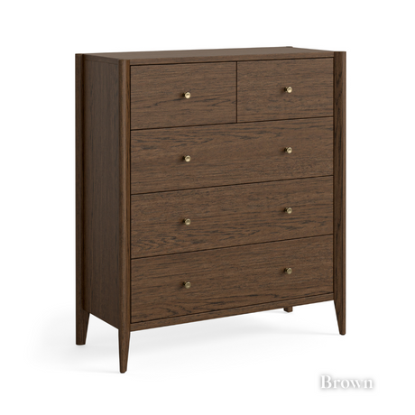 The Paris 2 Over 3 Drawer in Brown or Natural offers a spacious design with elegant brass knobs and smooth drawers that's both stylish and practical