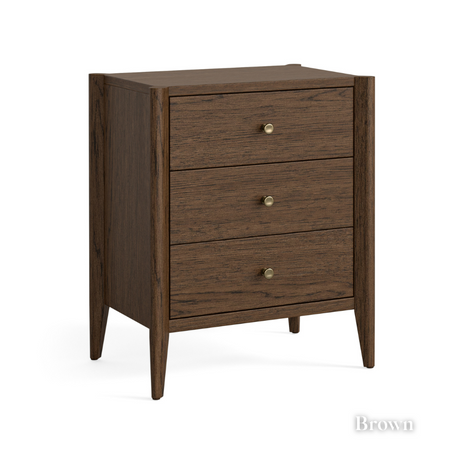The Paris 3 Drawer Bedside in Natural and Brown finish with brass knobs, smooth gliding drawers for a stylish and functional addition to any bedroom