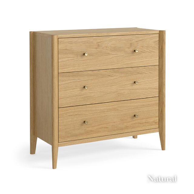 The Paris 3 Drawer Chest in Natural and Brown finish with elegant brass knobs, smooth gliding drawers for a stylish and functional addition to any bedroom