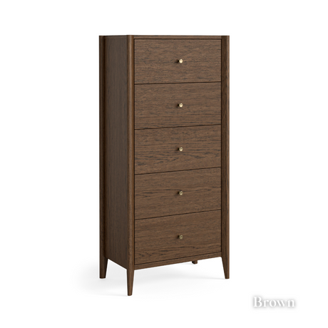 The Paris Tall 5 Drawer Chest in Brown or Natural offers a space saving design with elegant brass knobs and smooth drawers that's both stylish and practical