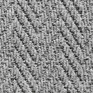 Close-up of textured gray carpet with 'Parson Stone' branding.