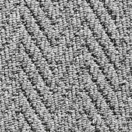 Close-up of textured gray carpet with 'Parson Stone' branding.