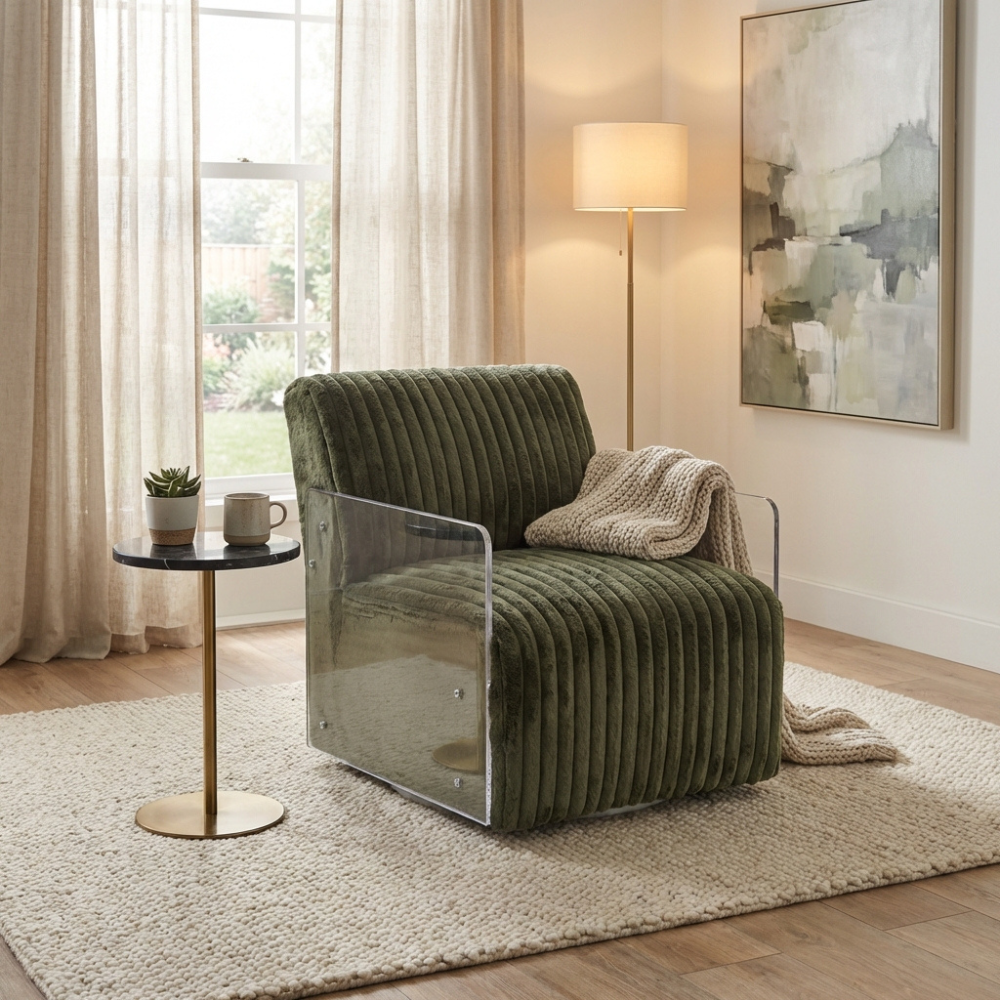 The Paxton Velvet Swivel Chair in Green & White features soft velvet, clear armrests and 360° swivel design for a modern, luxurious seating experience