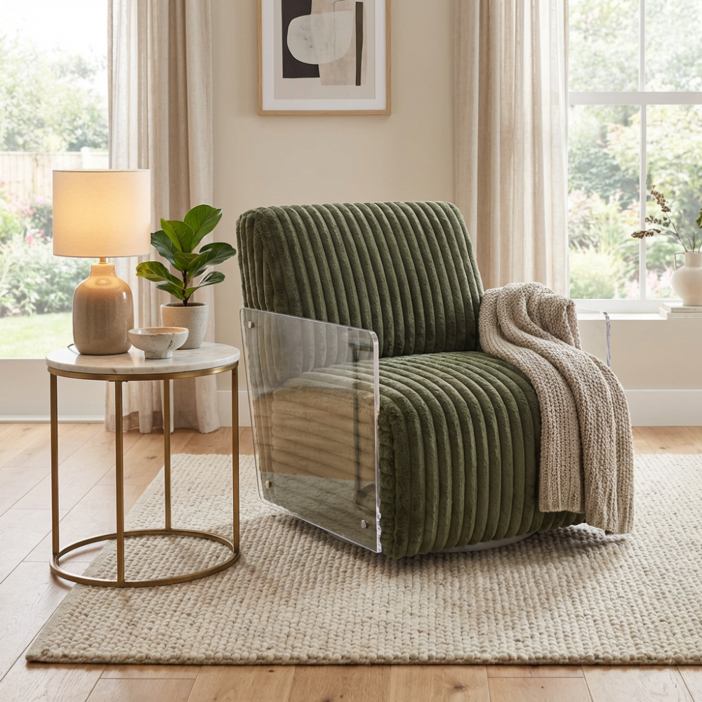 The Paxton Velvet Swivel Chair in Green & White features soft velvet, clear armrests and 360° swivel design for a modern, luxurious seating experience