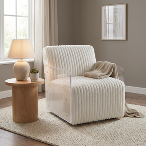 The Paxton Velvet Swivel Chair in Green & White features soft velvet, clear armrests and 360° swivel design for a modern, luxurious seating experience