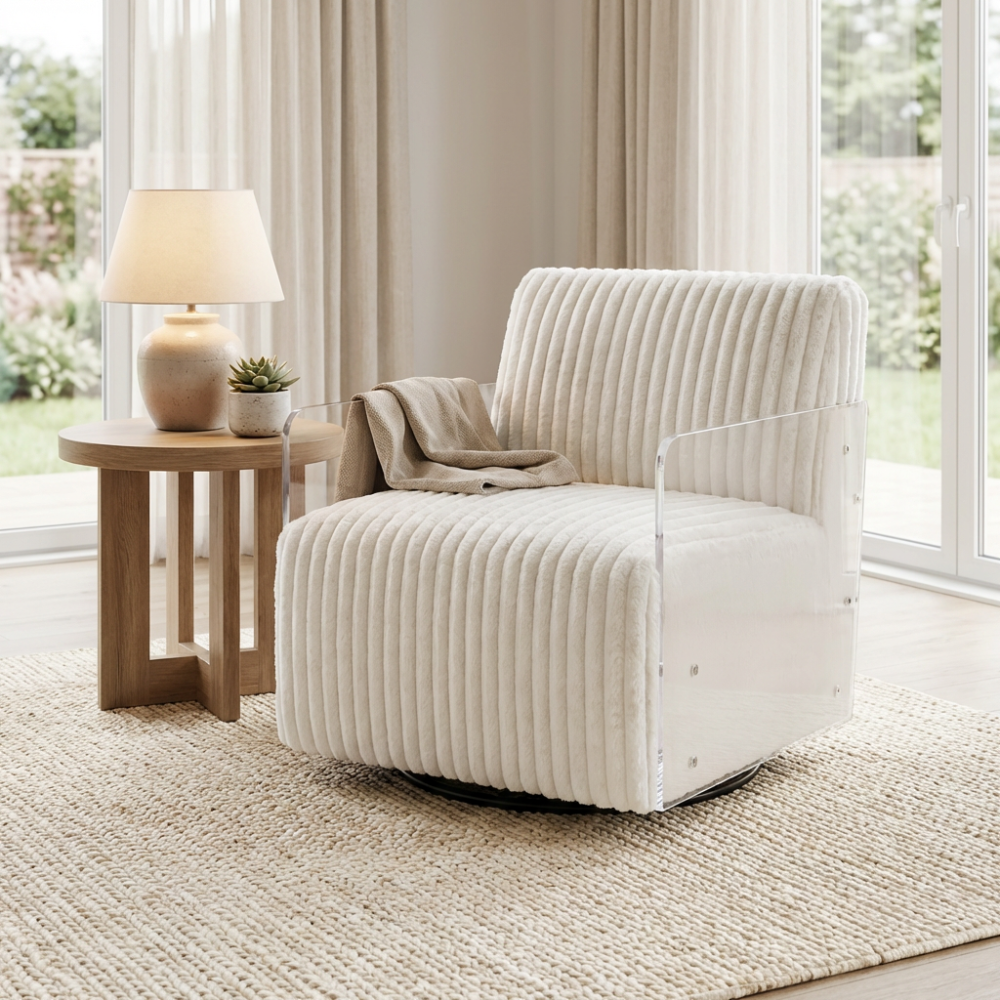 The Paxton Velvet Swivel Chair in Green & White features soft velvet, clear armrests and 360° swivel design for a modern, luxurious seating experience