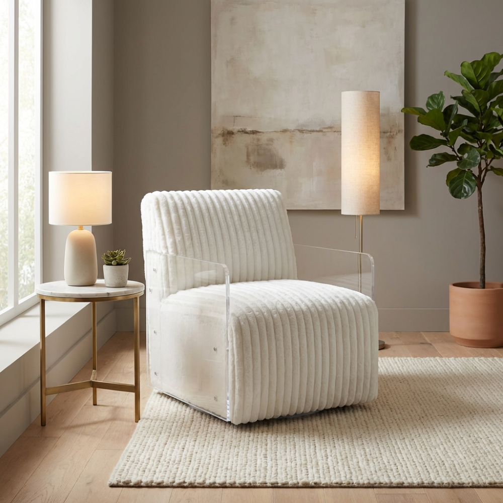 The Paxton Velvet Swivel Chair in Green & White features soft velvet, clear armrests and 360° swivel design for a modern, luxurious seating experience