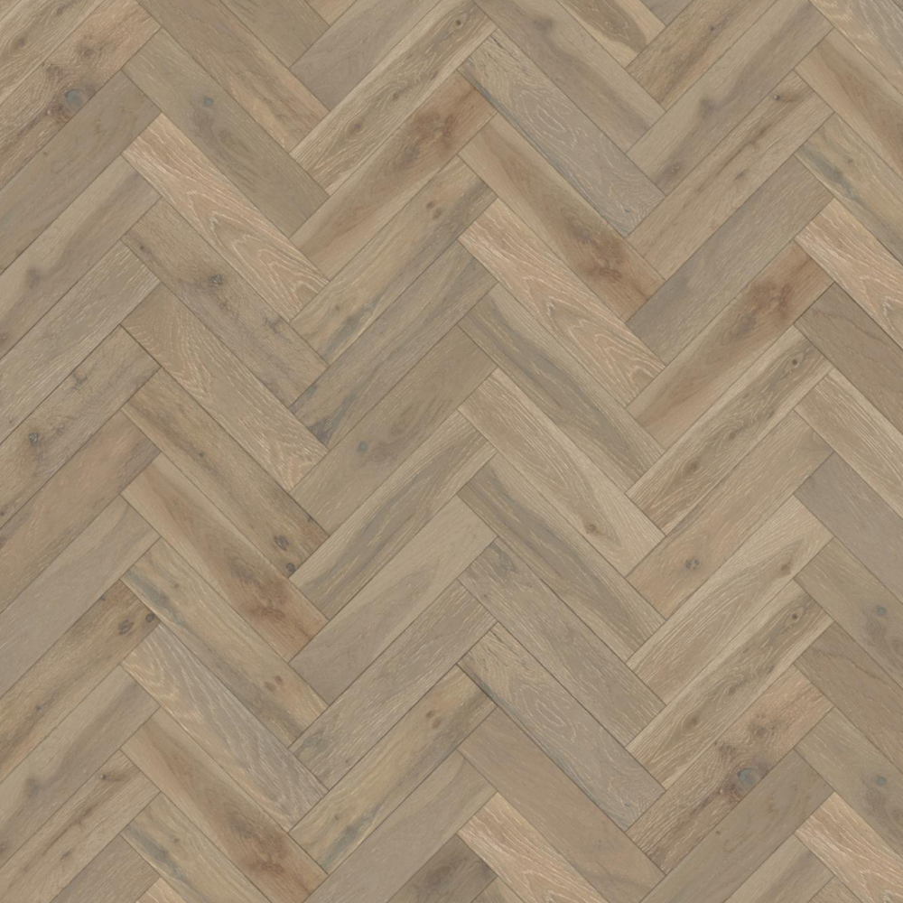 The Pearl Grey Oak Herringbone Engineered Flooring - 15mm features natural oak grains, multi layer stability and a brushed lacquer finish