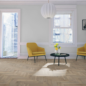 The Pearl Grey Oak Herringbone Engineered Flooring - 15mm features natural oak grains, multi layer stability and a brushed lacquer finish
