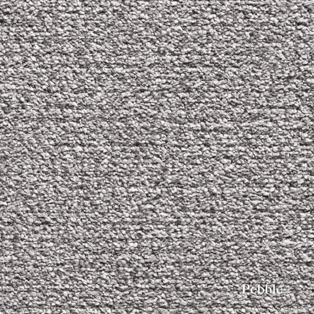 Close-up of gray textured carpet with 'Pebble' label