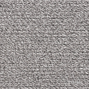 Close-up of gray textured carpet with 'Pebble' label